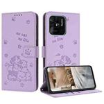 For Redmi 10C 4G Global Embossed Kitten Phone Leather Case with Lanyard(Purple)