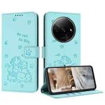 For Redmi A3 4G Global / A3x 4G Embossed Kitten Phone Leather Case with Lanyard(Mint Green)