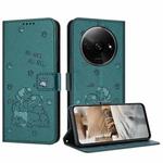 For Redmi A3 4G Global / A3x 4G Embossed Kitten Phone Leather Case with Lanyard(Dark Green)