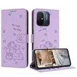 For Redmi 11A 4G Global Embossed Kitten Phone Leather Case with Lanyard(Purple)