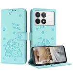 For Redmi K70E Embossed Kitten Phone Leather Case with Lanyard(Mint Green)