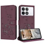 For Redmi K70E Embossed Kitten Phone Leather Case with Lanyard(Wine Red)