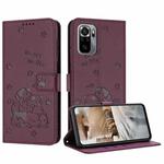 For Redmi Note 10 4G Global Embossed Kitten Phone Leather Case with Lanyard(Wine Red)