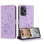 For Redmi Note 12 Turbo Embossed Kitten Phone Leather Case with Lanyard(Purple)