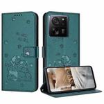 For Redmi K60 Ultra Embossed Kitten Phone Leather Case with Lanyard(Dark Green)