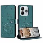 For Redmi Note 14 4G 163.25mm Embossed Kitten Phone Leather Case with Lanyard(Dark Green)