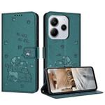 For Redmi Note 14 4G 164.84mm Embossed Kitten Phone Leather Case with Lanyard(Dark Green)
