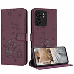 For Motorola Edge 40 Embossed Kitten Phone Leather Case with Lanyard(Wine Red)