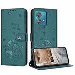 For Motorola Edge 40 Neo Embossed Kitten Phone Leather Case with Lanyard(Dark Green)