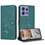 For Motorola Edge 50 Pro Embossed Kitten Phone Leather Case with Lanyard(Dark Green)