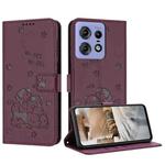 For Motorola Edge 50 Pro Embossed Kitten Phone Leather Case with Lanyard(Wine Red)