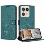 For Motorola Edge 50 Ultra Embossed Kitten Phone Leather Case with Lanyard(Dark Green)