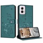 For Motorola Moto G Power 5G 2024 Embossed Kitten Phone Leather Case with Lanyard(Dark Green)