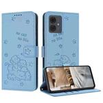 For Motorola Moto G14 Embossed Kitten Phone Leather Case with Lanyard(Blue)
