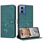 For Motorola Moto G34 Embossed Kitten Phone Leather Case with Lanyard(Dark Green)