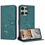 For Motorola Moto G75 Embossed Kitten Phone Leather Case with Lanyard(Dark Green)