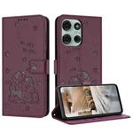 For Motorola Moto G75 Embossed Kitten Phone Leather Case with Lanyard(Wine Red)