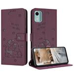 For Nokia C12 Embossed Kitten Phone Leather Case with Lanyard(Wine Red)