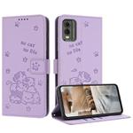 For Nokia C32 Embossed Kitten Phone Leather Case with Lanyard(Purple)