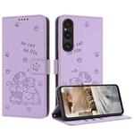 For Sony Xperia 1 V 2023 Embossed Kitten Phone Leather Case with Lanyard(Purple)
