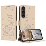 For Sony Xperia 1 V 2023 Embossed Kitten Phone Leather Case with Lanyard(Beige)