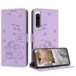 For Sony Xperia 5 IV Embossed Kitten Phone Leather Case with Lanyard(Purple)
