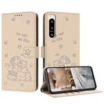 For Sony Xperia 5 IV Embossed Kitten Phone Leather Case with Lanyard(Beige)