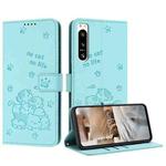 For Sony Xperia 5 IV Embossed Kitten Phone Leather Case with Lanyard(Mint Green)