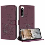 For Sony Xperia 5 IV Embossed Kitten Phone Leather Case with Lanyard(Wine Red)