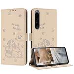 For Sony Xperia 1 IV Embossed Kitten Phone Leather Case with Lanyard(Beige)
