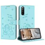 For Sony Xperia 10 IV Embossed Kitten Phone Leather Case with Lanyard(Mint Green)