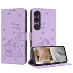 For Sony Xperia 1 VII Embossed Kitten Phone Leather Case with Lanyard(Purple)