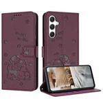 For Samsung Galaxy S24+ 5G Embossed Kitten Phone Leather Case with Lanyard(Wine Red)