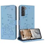 For Samsung Galaxy S21+ 5G Embossed Kitten Phone Leather Case with Lanyard(Blue)
