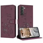For Samsung Galaxy S21+ 5G Embossed Kitten Phone Leather Case with Lanyard(Wine Red)
