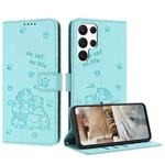 For Samsung Galaxy S25 Ultra 5G Embossed Kitten Phone Leather Case with Lanyard(Mint Green)