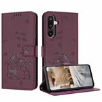 For Samsung Galaxy F16 5G / M16 5G Embossed Kitten Phone Leather Case with Lanyard(Wine Red)