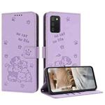 For Samsung Galaxy A03s 166mm Embossed Kitten Phone Leather Case with Lanyard(Purple)