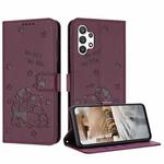 For Samsung Galaxy A13 5G / 4G Embossed Kitten Phone Leather Case with Lanyard(Wine Red)