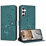 For Samsung Galaxy A55 5G Embossed Kitten Phone Leather Case with Lanyard(Dark Green)