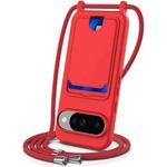 For Google Pixel 10 Integrated Card Bag Solid Color Liquid Silicone Phone Case with Lanyard(Red)