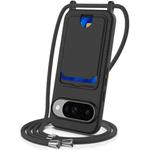 For Google Pixel 10 Integrated Card Bag Solid Color Liquid Silicone Phone Case with Lanyard(Black)