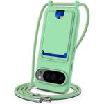 For Google Pixel 10 Pro Integrated Card Bag Solid Color Liquid Silicone Phone Case with Lanyard(Green)