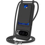 For Google Pixel 10 Pro Integrated Card Bag Solid Color Liquid Silicone Phone Case with Lanyard(Black)
