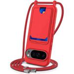 For Google Pixel 10 Pro XL Integrated Card Bag Solid Color Liquid Silicone Phone Case with Lanyard(Red)