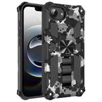 For iPhone 16e Camouflage Armor Kickstand TPU Hybrid PC Magnetic Phone Case(Black)