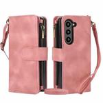 For Samsung Galaxy Z Fold6 Dream 9-Card Zipper Wallet RFID Leather Phone Case with Lanyard(Rose Gold)