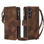 For Samsung Galaxy Z Fold6 Dream 9-Card Zipper Wallet RFID Leather Phone Case with Lanyard(Brown)