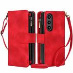 For Samsung Galaxy Z Fold4 5G Dream 9-Card Zipper Wallet RFID Leather Phone Case with Lanyard(Red)