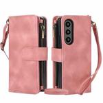 For Samsung Galaxy Z Fold4 5G Dream 9-Card Zipper Wallet RFID Leather Phone Case with Lanyard(Rose Gold)